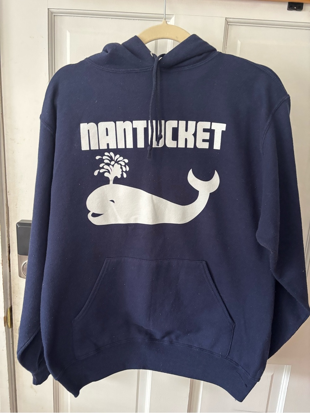 EUC Navy Blue Nantucket Retro Whale Hoodie Sweatshirt Sz M ACK
